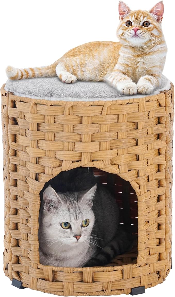 SETVSON Cat House for Indoor Cat, Small Cat Houses Handwoven PE Rattan Kitten Cave, Pet Kitten Bed Covered, One Bed Pad, 13 x 13 x 13.7 Inches, Foldable Hideaway in Living Room Gray