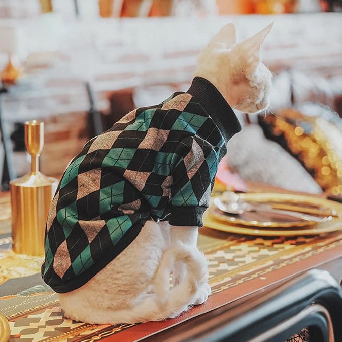 Vintage Mulan Cotton Sphynx Hairless Cats Shirt Cat Turtleneck Pet Clothes Kitten T-Shirts with Sleeves for Sphynx Cornish Rex, Devon Rex, Peterbald (XX-Large, Rhombus)