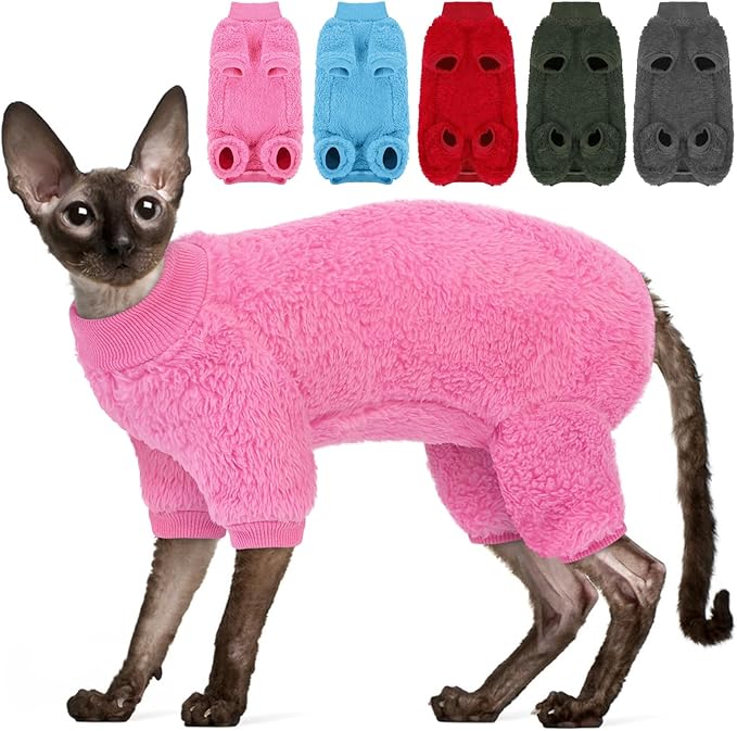 Sphynx Hairless Cat Sweater, Full Body Warm Fleece Sweaters with Sleeves for Cats, Soft Turtleneck Cat Clothes, Cozy Pullover Pajamas for Hairless Cats Devon, Donskoy & Small Dogs, Hot Pink L