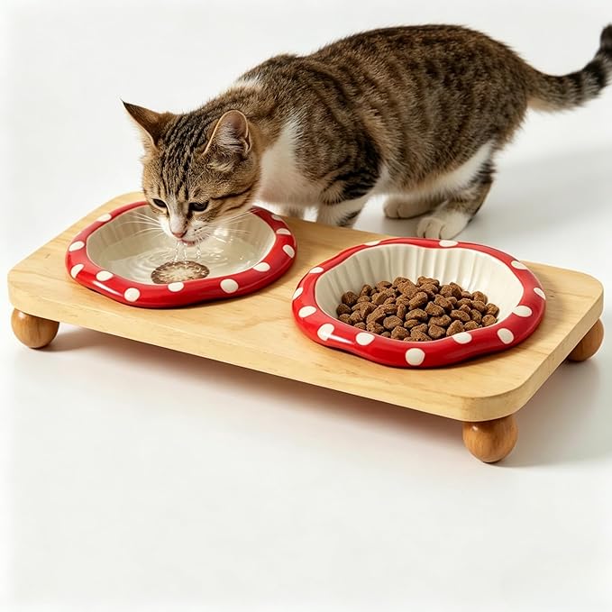 Ceramic Cat Bowl Set with Wooden Stand - Raised Elevated Food & Water Dishes to Prevent Black Chin, Slow Feed for Digestion, Non-Slip Stable Base for Dry & Wet Food