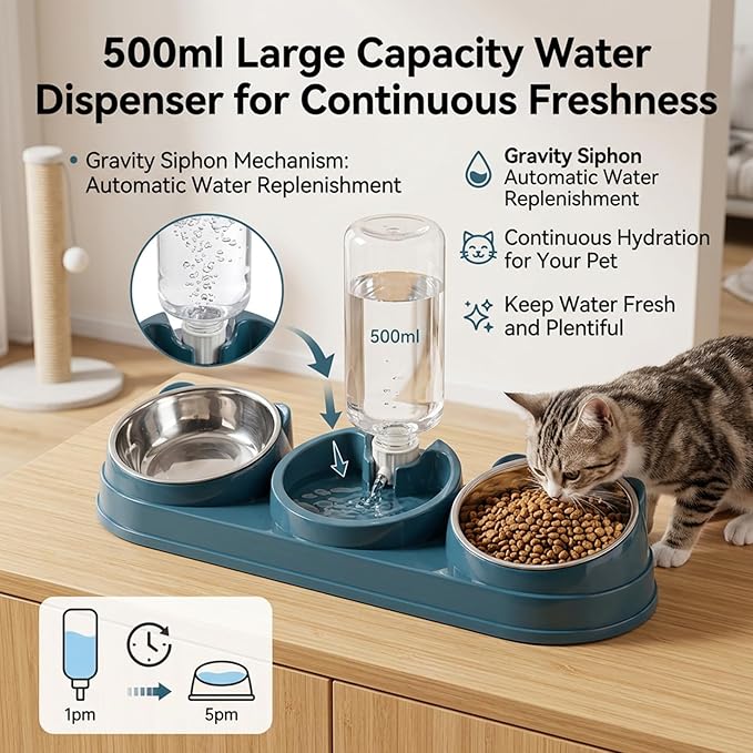 3 Bowl Cat Feeding Station Cat Food and Water Bowl Set, 3 Feeding Station with Automatic Water Dispenser, Elevated Tilted Bowls for Easy Eating, Dark Blue