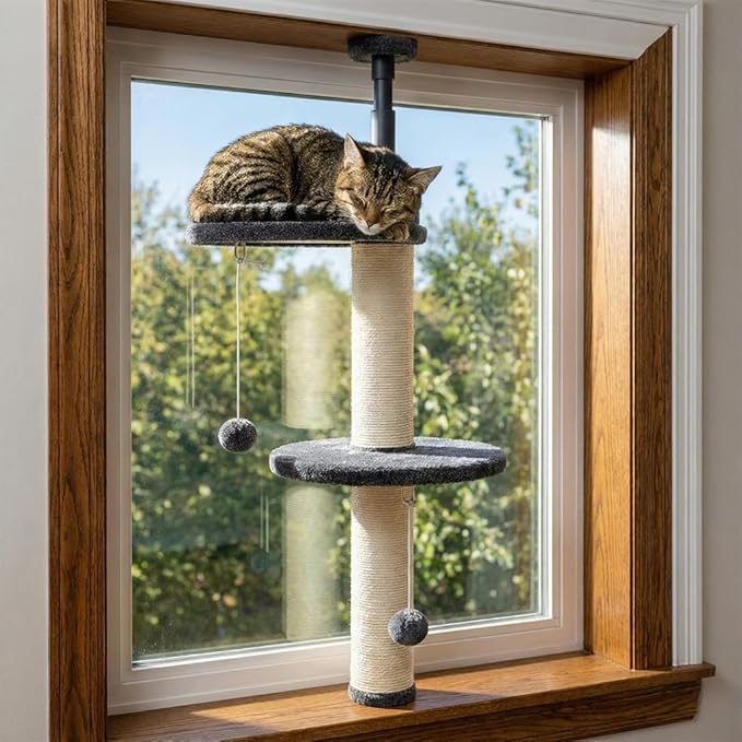 Window Cat Tree & Small Cat Tower (89.5-105.5cm) – Adjustable Cat Window Perch & Shelf for Indoor Cats – Sturdy Window Sill Extender Seat for Large Cats