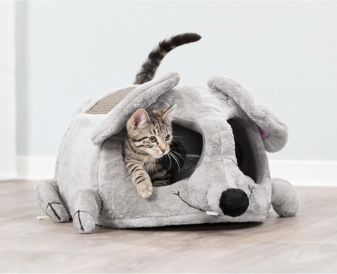 TRIXIE Lukas Cuddly Cave in Gray - Mouse-Shaped Cat Hideaway with Sisal Scratching Surface, Crinkle Ears & Interactive Cat Toys for Indoor Cats – Plush Condo, Removable Cush. 13.8" × 25.6" × 13", Gray