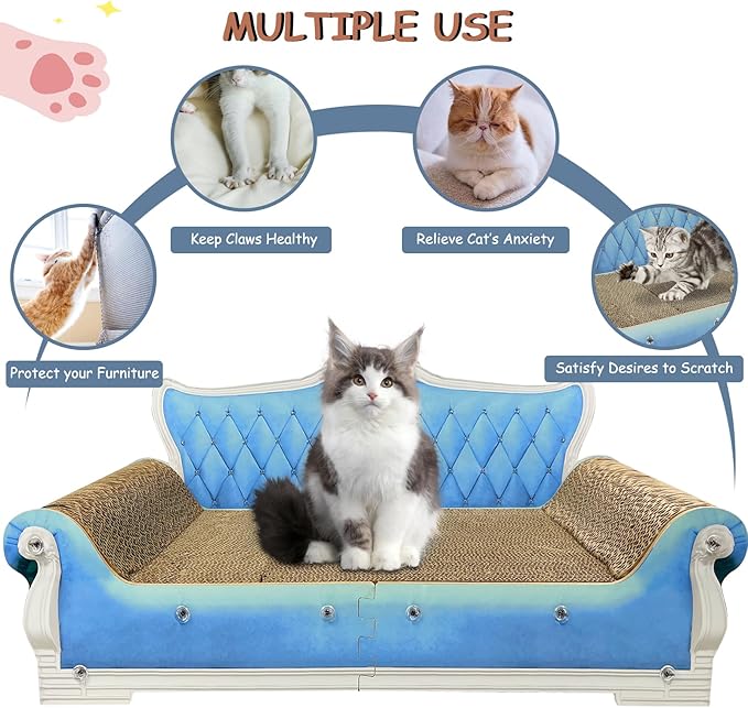 Luxury Cardboard Cat Scratcher Sofa Bed, Couch Shaped Scratching Board, Scratch Lounge with Catnip, Cat Scratcher for Indoor Cats Large Blue 25.4" Large
