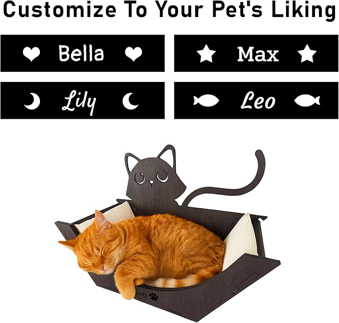 Personalized Hanging Cat Bed Basket Shaped with Mattress, Cat Bed Window with Cushion, Wooden Cat Hammock Wall Shelves, Wood Perch Toy Bed for Playing Sleeping Scratching