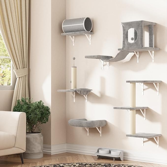 NUNU LAB 7-in-1 Cat Wall Shelves, Wall Mounted Cat Climber Set, Cat Furniture with House, Tunnel, Bridge, Steps, Scratcher, Hammock, Shelves for Indoor, Gray