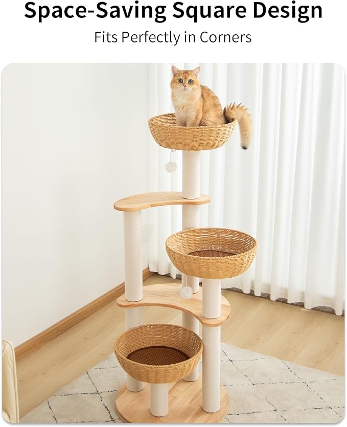 Modern Cat Tree for Large Cats, Wood Cat Tower 3 Condo Perch Heavy DutyBase with Cotton Scratch Post for Indoor Big Cats (90755)