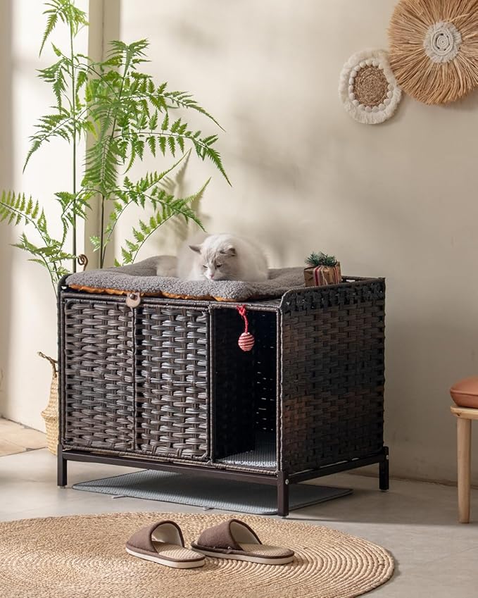 SETVSON Cat Litter Box Enclosure Furniture with Divider, Handwoven Rattan Litter Box with Mat, 31.2 x 19.6 x 24.2 Inches, Metal Heightened Feet, Hidden Cat House for Living Room, Bedroom (Brown)
