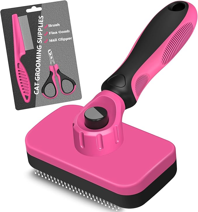 Comotech 3PCS Cat Grooming Supplies,Cat Brush & Nail Clipper/Trimmer & Flea Comb for Shedding Indoor Cats Dogs and Small Animals - Meet All Your Pet's Daily Grooming Needs - All in One Set (Pink)