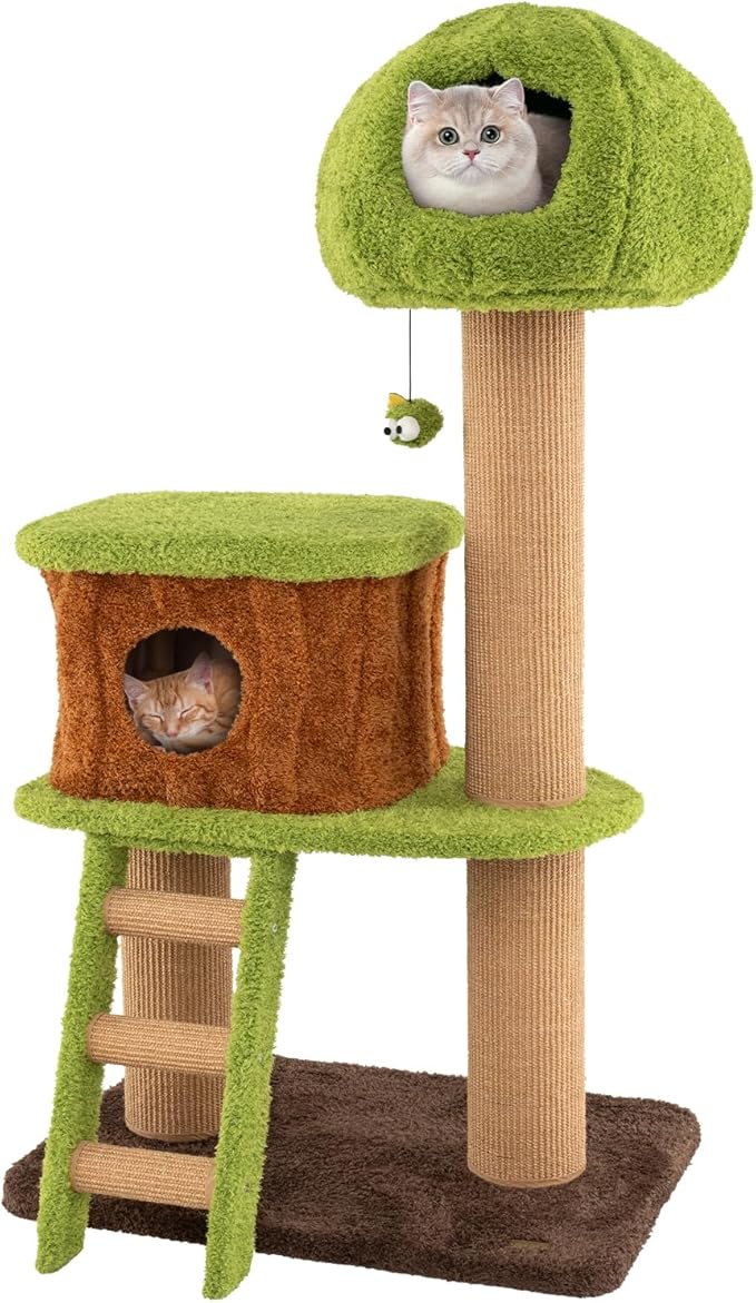 PETSITE 56-inch Forest-Themed Cat Tree, Multi-Level Cat Tower with 2 Cute Condos, Climbing Ladder, Teasing Ball, Sisal Posts, and Removable Cushion, Modern Cute Cat Tree for Indoor Cats