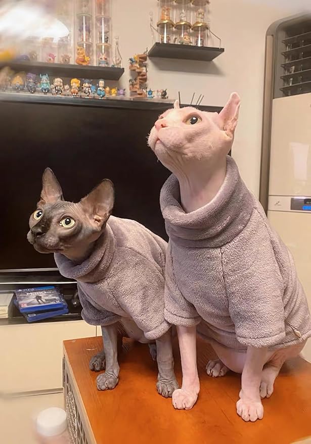 Sphynx Cat Clothes Winter Turtleneck Soft Coral Fleece Cat Clothes Thicken Warm Pajamas Coat for Hairless Cats and Small Cat Apparel with Sleeves (Iron Gray, XL (9.3-12.7lbs)