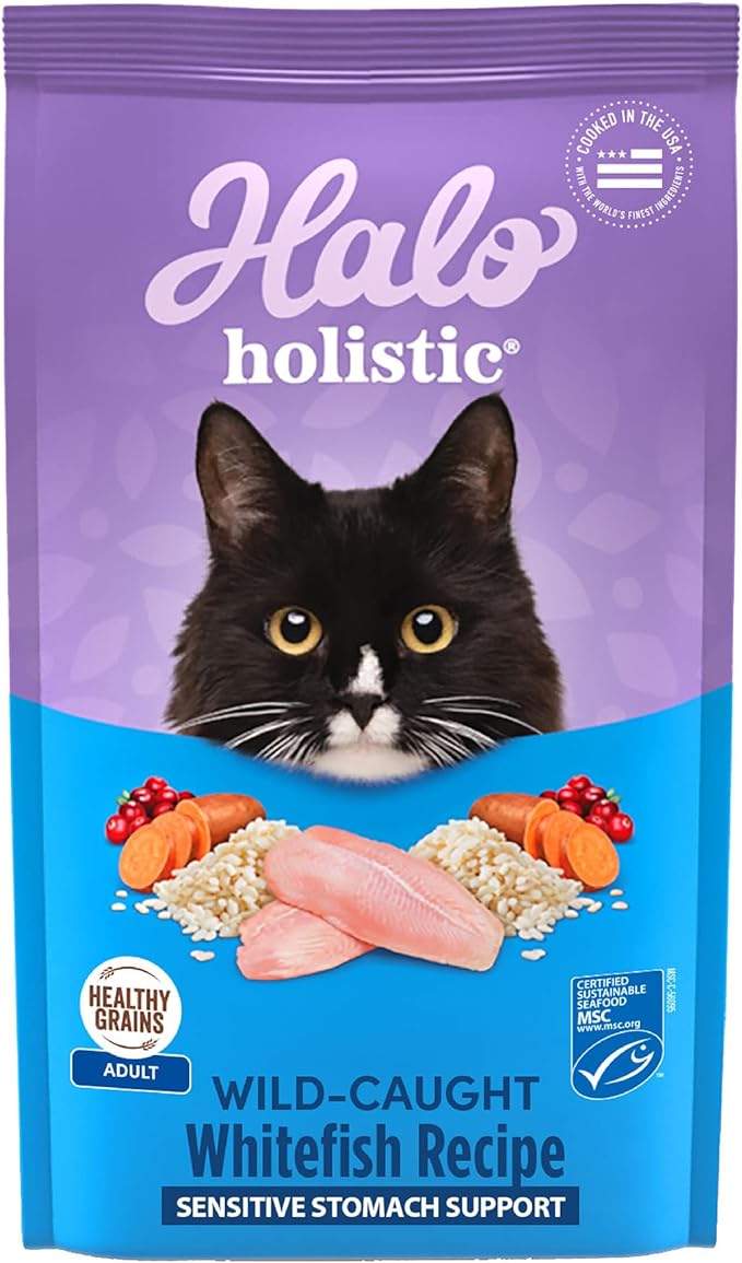 Halo Holistic Cat Food Wild Caught Whitefish Formula, Healthy Grains Dry Cat Food, For Sensitive Stomach Support, Kibble for Adult Cats, 3 lb Bag