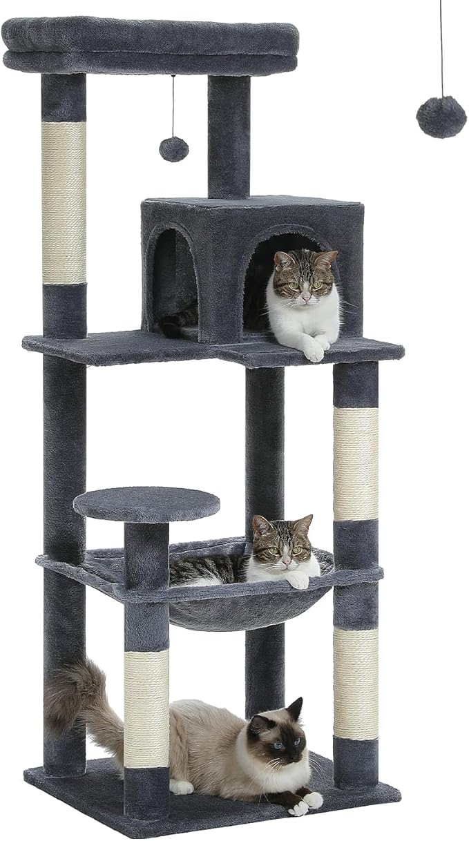 MUTTROS Cat Tree for Large Cats with Metal Plush Big Hammock, 56.3" Cat Tower for Indoor Cats with 2 Door Condo House, 6-Tier Cat Shelves with Scratching Posts and Large Top Perch, Dark Gray