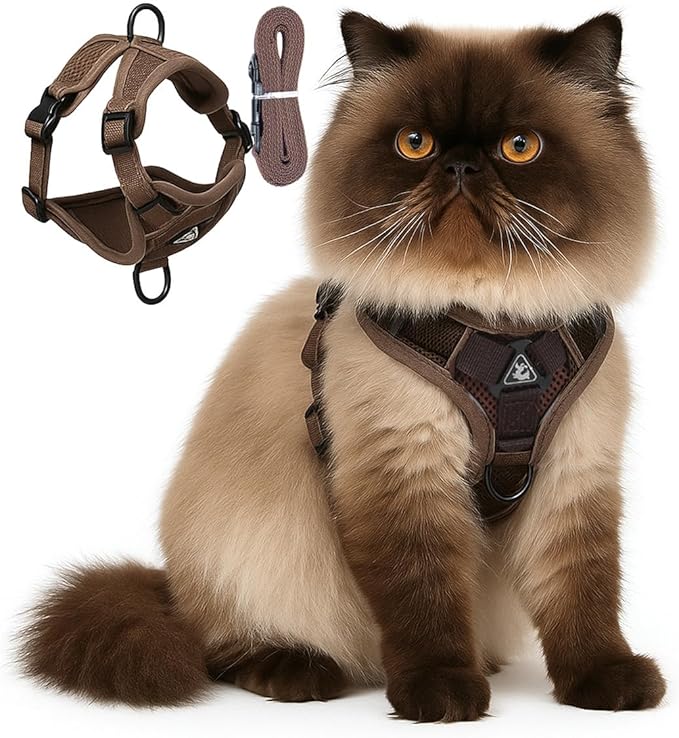 Cat Chest Harness and Leash Set for Walking Escape Proof, Soft Adjustable Vest Harnesses for Cats, Kitten Jacket with Reflective Strip, Easy to Put on with 3 Buckles for Traveling (Coffee, M)