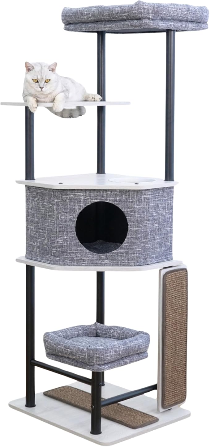 Petpals Heavy Duty Cat Tree with Durable Steel Frame and Laminated Board,Large Condo,Removable Top Bed,2 Replaceable Scratching Mats for Long-Lasting. (Light Gray)