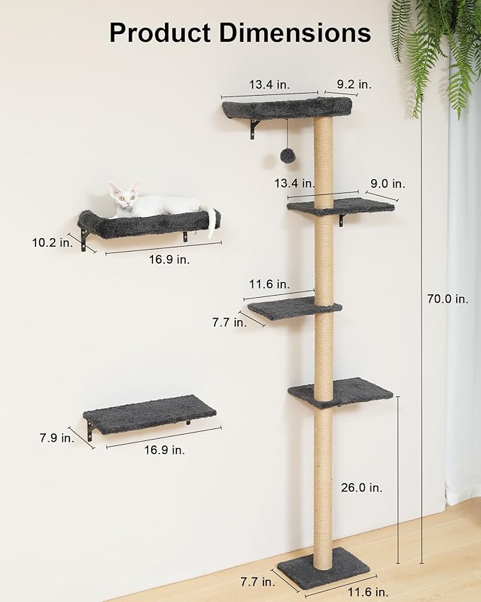 FUKUMARU Cat Wall Shelves Set, 70 Inch Stable Wall Mounted Tree, Kitten Scratching Post with Soft Cushion Perch, Space Saving Climbing Wall Furniture for 16 Inch Drywall - Gray