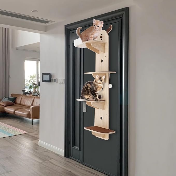 Door Hanging Cat Tree,4-Tier Door Mounted Cat Climbing Frame,Cats Tree Hanger Mounted Cats Shelves,Wooden Cat Ladder,Pet Jump Shelf for Stair,Foyer,Living Room,Enclosed Balcony (with Cat Nest)