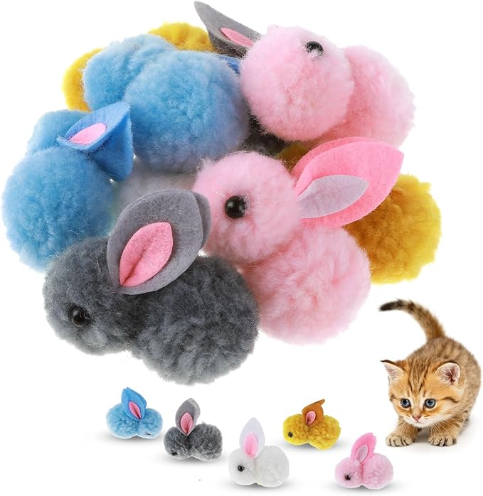 Amaxiu 10Pcs Plush Toy Balls, Cute Bunny Shape Kitten Pompom Soft 5.5cm/2.16in Puff Ball Indoor Fun Colorful Cat Ball Toy Pom Pom Balls for Pet