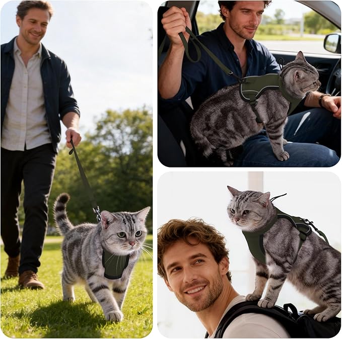 LIANZIMAU Cat Harness and Leash Escape Proof,Adjustable Cat Harness for Outdoor Walks with Reflective Strip, Lightweight and Soft Mesh Vest