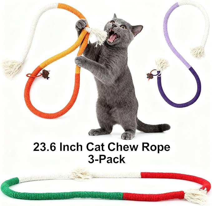 Cat Chew Rope Durable Safe : 3Pcs Natural Organic Cotton Kitten Teething Toy for Indoor Cats, Catnip-Infused Chew Toys for Interactive Boredom Relief & Teeth Cleaning