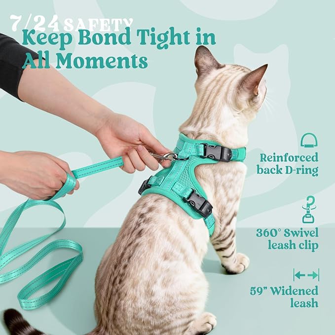 rabbitgoo Cat Harness and Leash, Escape Proof Vest with 3 Adjustable Buckles, Soft Comfortable Kitten Harness, Easy to Wear, Reflective for Safe Outdoor Walking, XS, Green