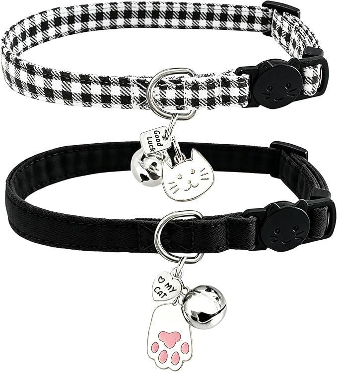2 Pack Cotton Breakaway Cat Collars with Bell and Charms Black Solid Plaid Safety Collars for Girl Boy Cats, Cat Head and Paw Pendant Cute Kitten Collars