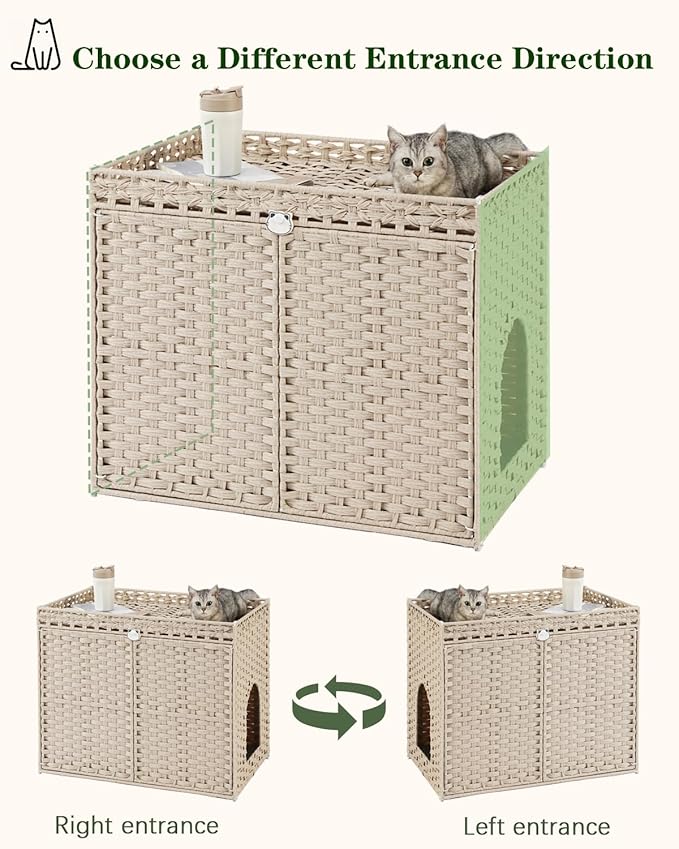 SETVSON Cat Litter Box Enclosure Furniture, Hidden Litter Box, Cat Litter Box Cabinet with 2 Litter Mats, Handwoven Rattan Large Space Cat House Indoor, Living Room, Bedroom, Apartment Light Khaki