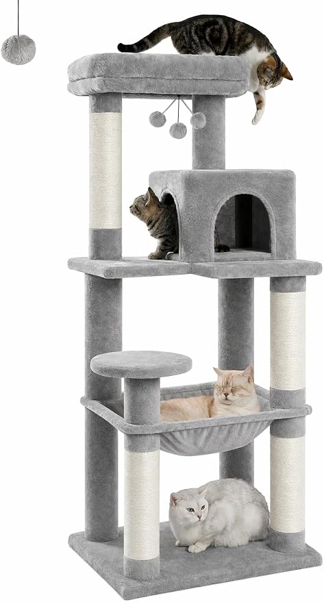 MUTTROS Cat Tree for Large Cats Adult with Metal Plush Big Hammock, 56.3" Cat Tower with 2 Door Condo House, 6-Tier Cat Shelves with Scratching Posts and Large Top Perch, Gray