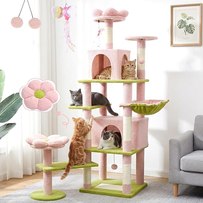 Flower Cat Tree 71 Inches，Large Cat Tower with 2 Detachable Flower Cushions and 2 Hiding Condo, Tall and Big Cat Tree with Hammock Bed, Interactive Toys and Scratching Posts for Indoor Cats (Pink)