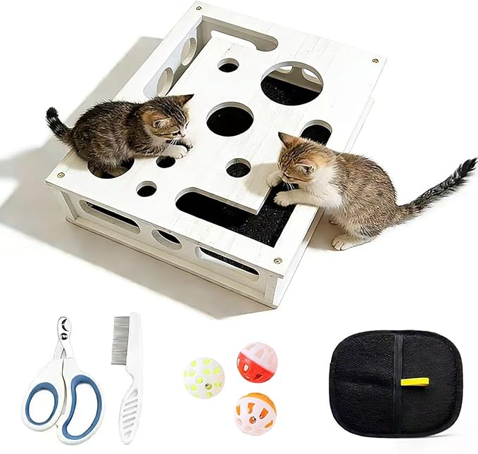Cat Nail File Puzzle Enrichment Box, Wooden Cat Scratch Puzzle Box with Sandpaper Inside, Cat Scratch Puzzle Enrichment Box Nail File, Stress-Free Alternative to Clippers and Grinders for Indoor Cats