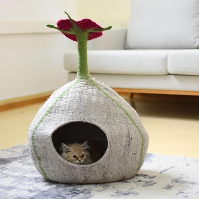 Top Flower Design Felt Cat Cave- Handmade Wool Cat Bed- Premium Pet Furniture