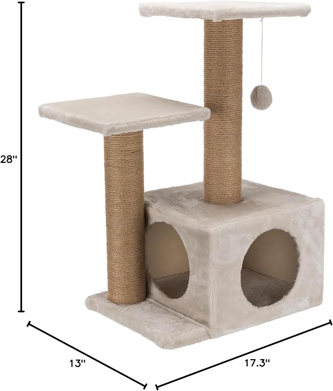 Trixie Valencia Scratching Post – Cat Tower with Sisal Posts, Condo & Dangling Toy – Compact Cat Furniture for Indoor Cats – Gray, 17.3" x 13" x 28"
