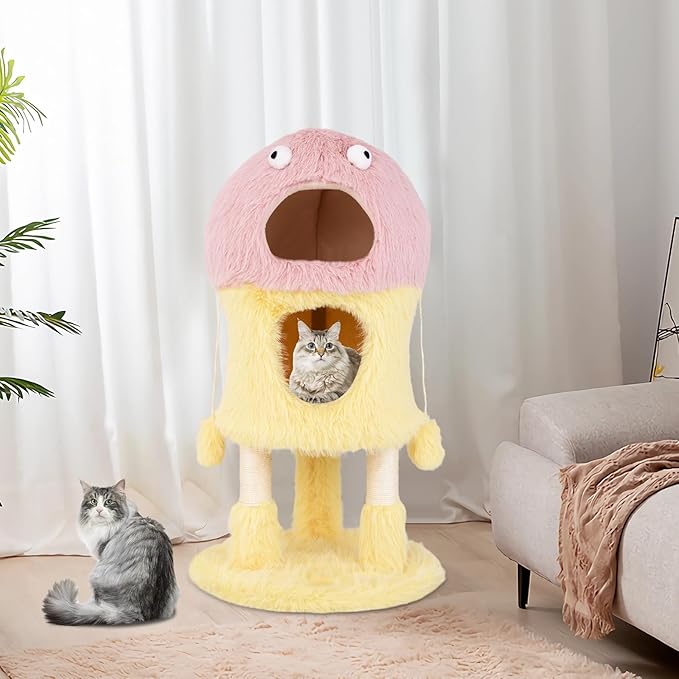 Tangkula Monster-Themed Cat Tree, 3-Level Cat Tower Activity Center with 2-Story Cat Condo, Sisal Scratching Posts & Hanging Toys, Long Plush Cute Cat Tree Tower for Indoor Cats (37 Inch)