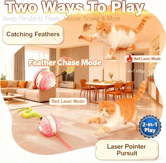 Interactive Cat Toy Ball for Indoor Cats, 2-in-1 Smart Moving Cat Ball with Feather Accessories, Automatic Kitten Toys for Bored Indoor Cats, USB Rechargeable Ideal for Small and Medium Cats