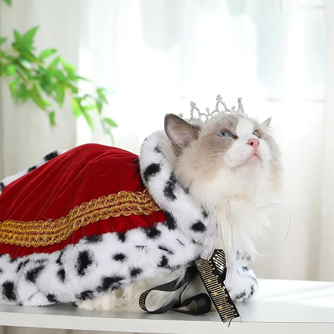 Lovelyshop Pet Serial Majestic Dog/Cat Costume Collection with Lux Velvet Cloak and Silver Pearl Crown Set for Halloween,King Queen Prince and Princess Cosplay-S