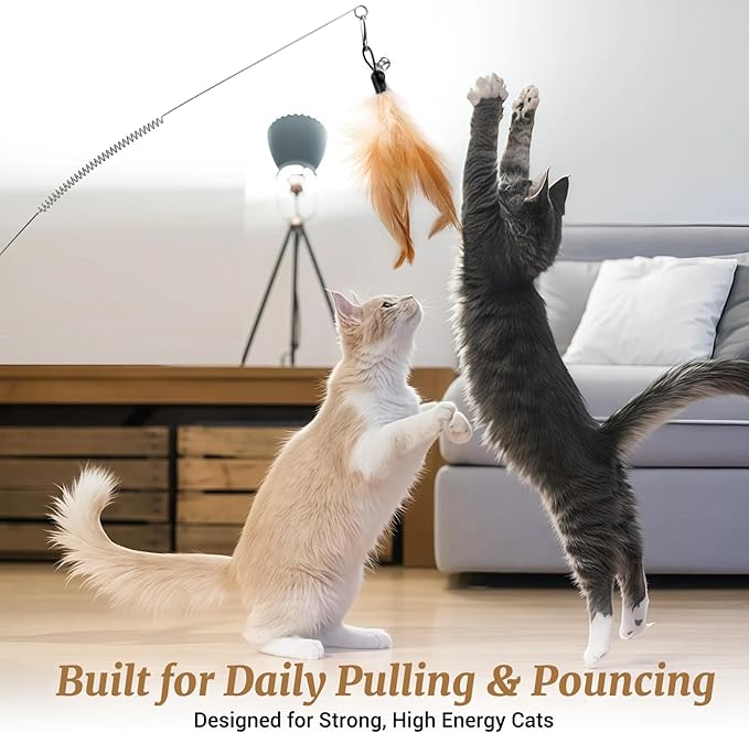 ROSAUI Durable Cat Wand Toy Set for Cats, 4 Steel Wire Teasers with Soft Spring, 7 Replaceable Feather Refills, One-Piece Molded Handle for Interactive Indoor Play, Best for Small to Medium Cats