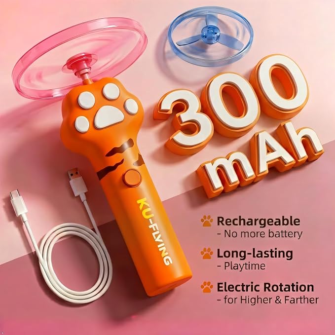 Cat Fetch Toy | One-Touch Automatic Launcher | Up to 20m Range | 6 Flying Discs | USB-C Rechargeable | No Winding Needed | Interactive Indoor Outdoor Cat Toy
