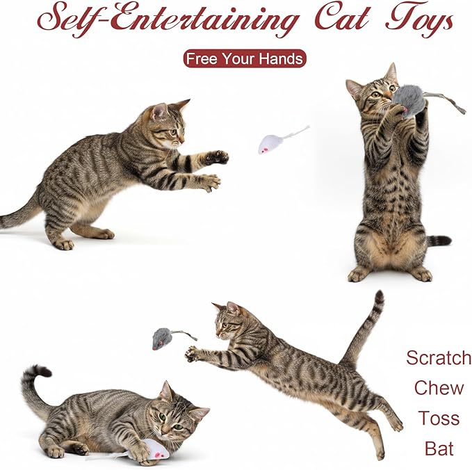 Vin Beauty 5 Pcs Faux Fur Rattle Mouse Cat Toy White and Gray Mice Animal Toy Realistic Fuzzy Toys Interactive Cat Toys Pet Supplies