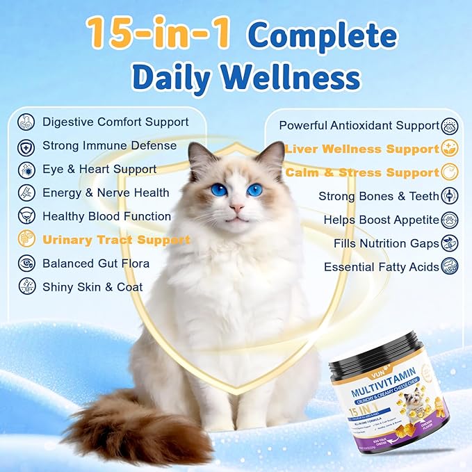 Cat Vitamins Crunchy&Creamy Chews-15 in 1 Cat Multivitamin Treat,Taurine for Cats Immune,Digestive,Skin&Coat,Joint,Heart & Brain with Fish Oil,DL-Methionine,Probiotics of All Breeds Ages,500 Counts