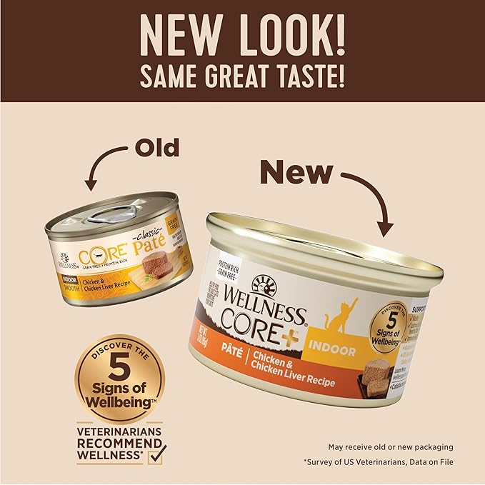 Wellness CORE+ Pate Adult Canned Wet Cat Food for Indoor Cats, Natural, Protein Rich, Grain Free, Chicken Recipe, 5.5 oz, Pack of 12 Cans