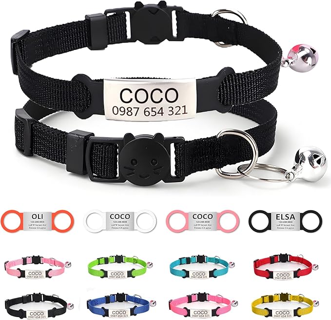 Cat Collar with Name tag, Adjustable and Durable Polyester Personalized cat Collar with Bell, Custom Carved pet Name and Phone Number, Suitable for Boys and Girls Cats,Black
