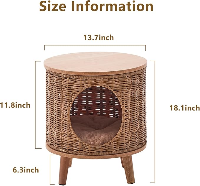 Rattan Cat House End Table, 2-in-1 Cat Bed Side Table, Stylish Pet Furniture for Indoor Cats in Living Room and Bedroom Brown