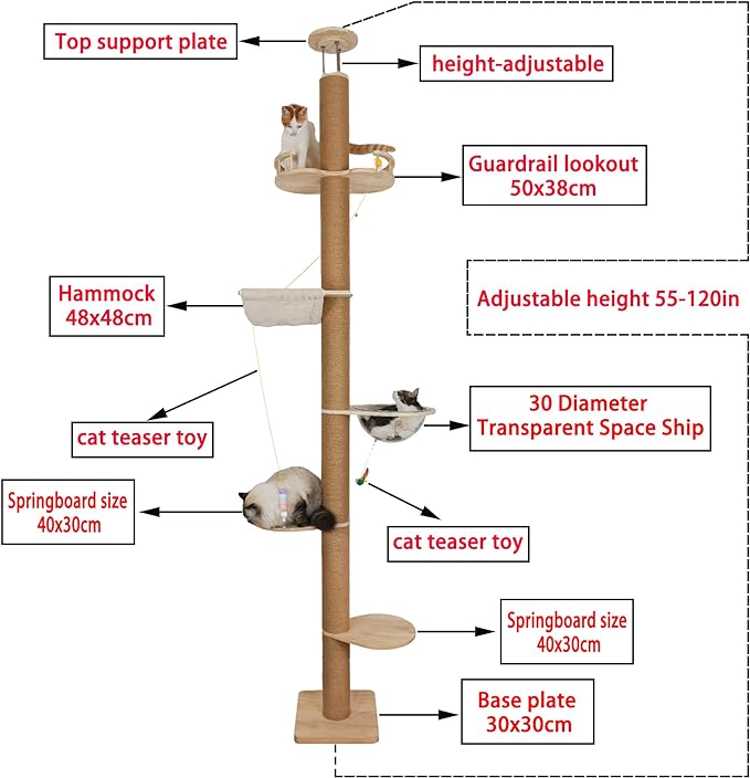Floor to Ceiling Cat Tree Height (50-120.5in) Adjustable Cat Tower 5 Tier Hemp Scratching Post High Cat Tree Sturdy Activity Tree Indoor Outdoor Cat Scratching Post Activity Center