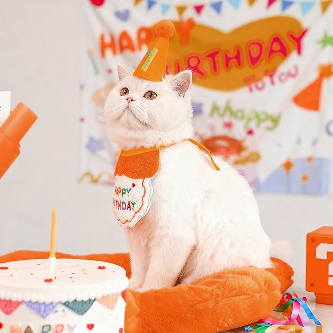Reusable Cat Birthday Decorations Set - Adjustable Cat Birthday Hat & Bandana with Age Numbers | Kitty Celebration Kit for Memorable Milestones（Orange）