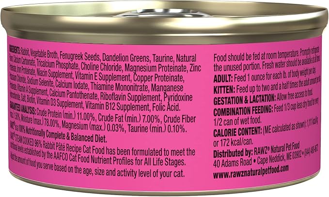 Rawz Natural Premium Pate Canned Cat Wet Food - Made with Real Meat Ingredients No BPA or Gums -3 oz Cans (Case Pack of 18) (Rabbit)