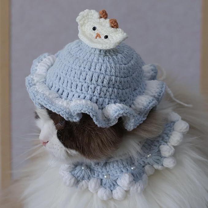 Cute Sheep Cat Hat Crochet Collar, Birthday Party Kitten Costume for Puppy, Pet and Small Animals(Blue, Small)