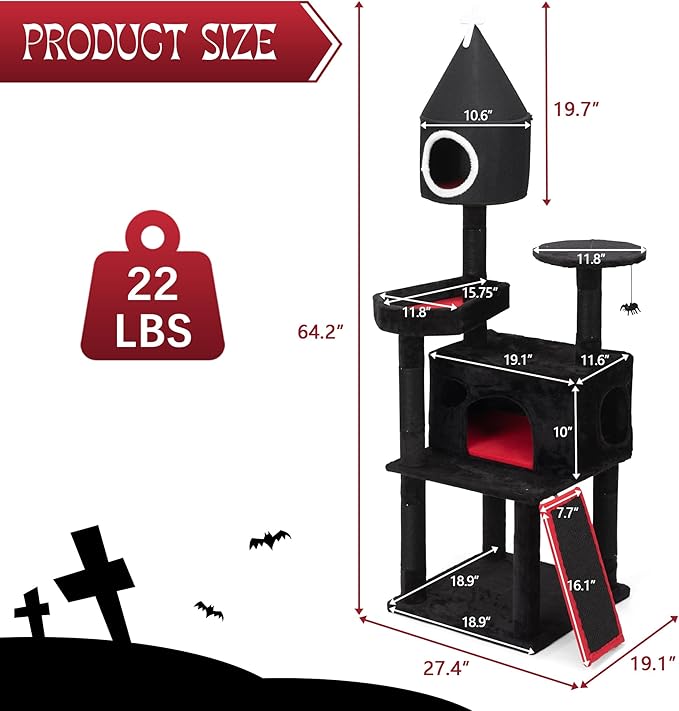 64" Gothic Cat Tree with Coffin Bed, Multi-Level Tall Black Cat Tower Cats with Top Perch, Spacious Condos, Spider Hanging Balls, Scratching Post and Ladder for Large Cats 22 lbs, Black & Red