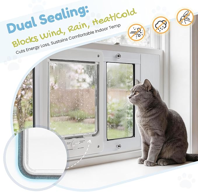 Full-Size Window Pet Door for Cats & Small Dogs, Fits 24"-28" Width Windows, Easy to Install, No-Damage Cat Door for Window, Magnetic Closure Cat Door Window Insert, Weatherproof Cat Door