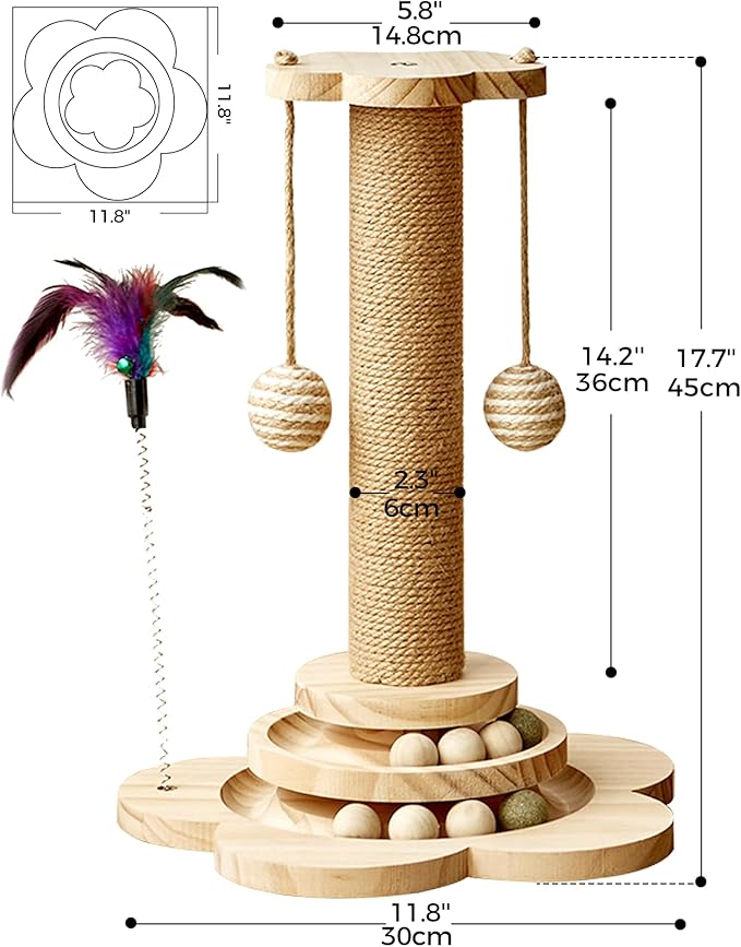 Cat Scratching Post for Kittens, 4 in 1 Wooden Cat Scratcher Toy, 17.7" Tall Scratch Post with 2 Level Cat Track Balls, Interactive Feather Toy and 2 Sisal Hanging Balls for Indoor Kittens