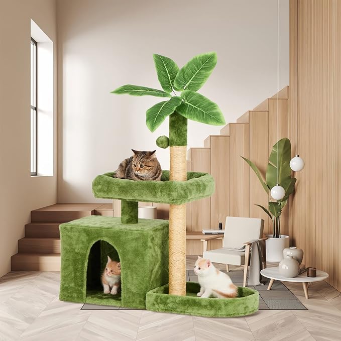 31.5" Cat Tree Tower for Indoor Cats with Green Leaves, Cat Condo Cozy Plush with Hang Ball and Leaf Shape Design, Cat Furniture Pet House with Scratching Posts, Green
